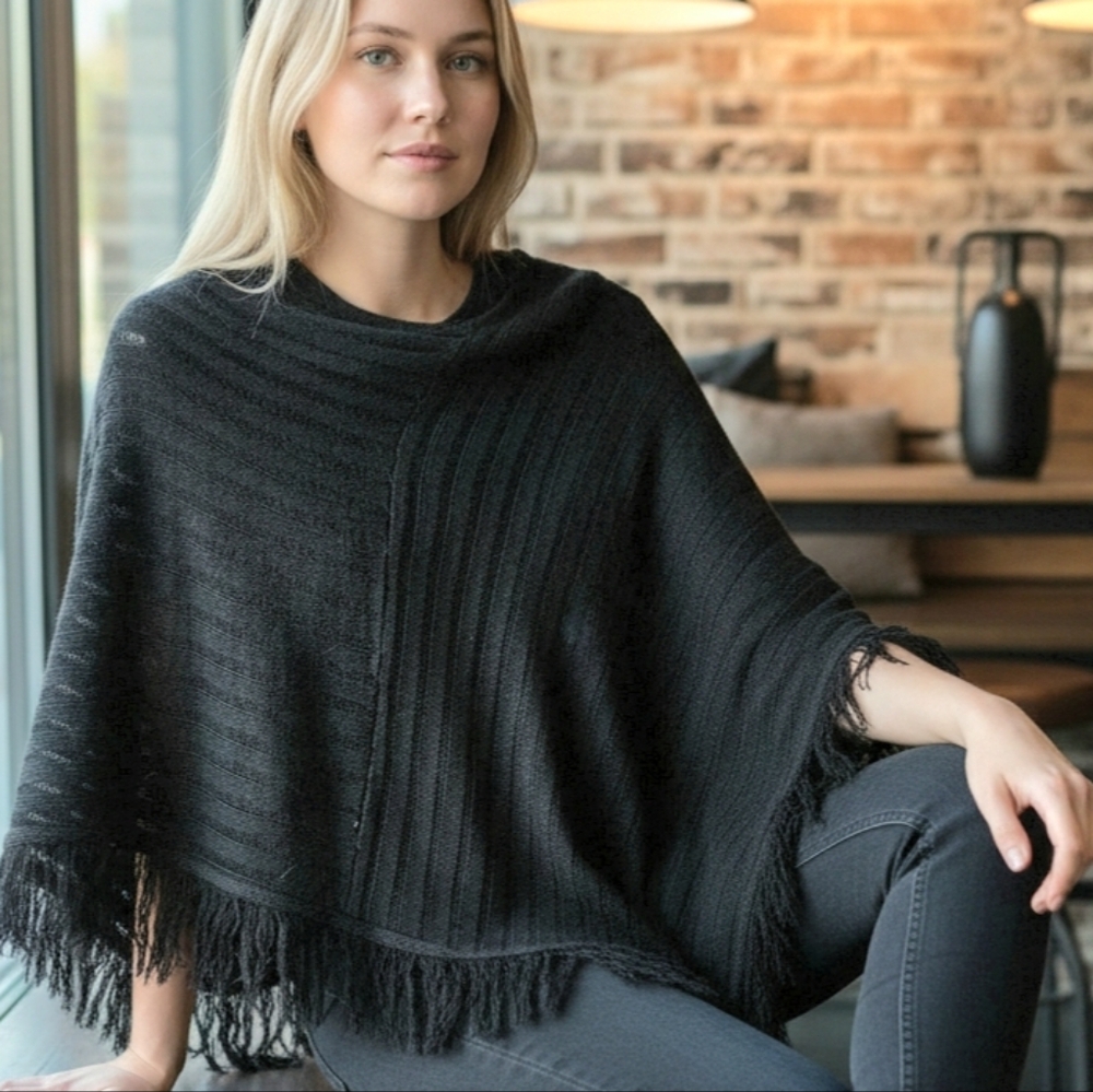 Sweet Lilly Black Fringed Poncho Lightweight Semi-sheer Asymetric Goth Fairygoth